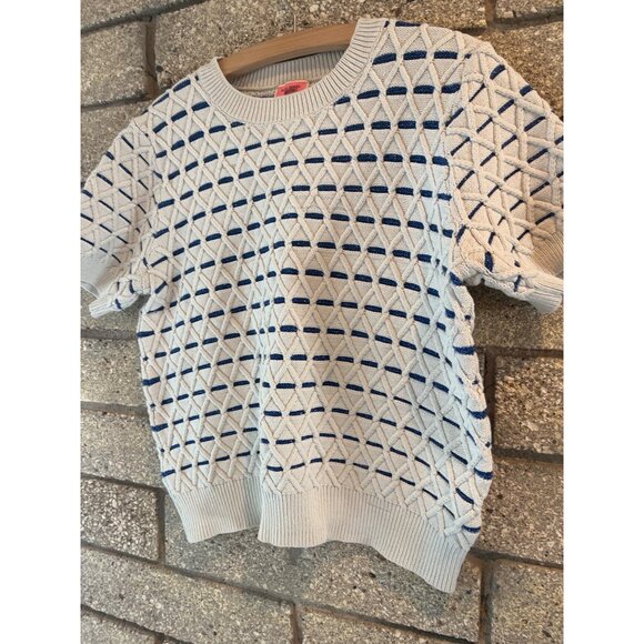 Kate Spade Womens Short Sleeve Knit Sweater Blue & Cream Geometric Pattern Cotto - Picture 2 of 10
